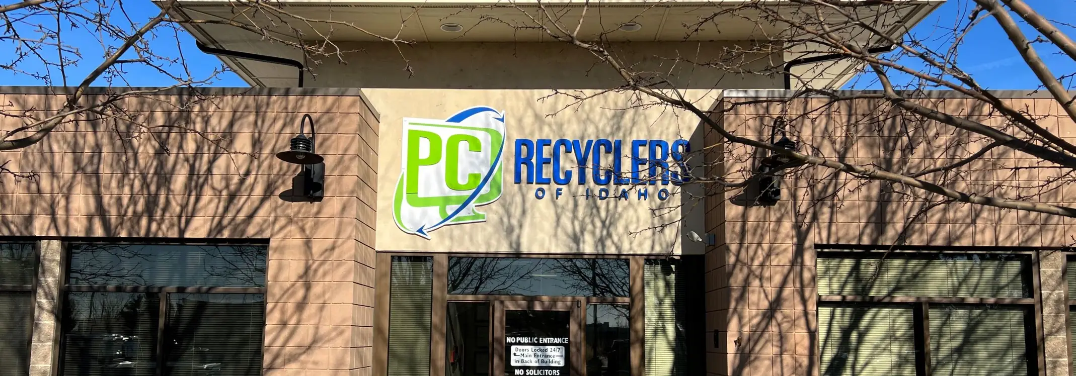 The PC Recyclers of Idaho building and entrance in Meridian, Idaho