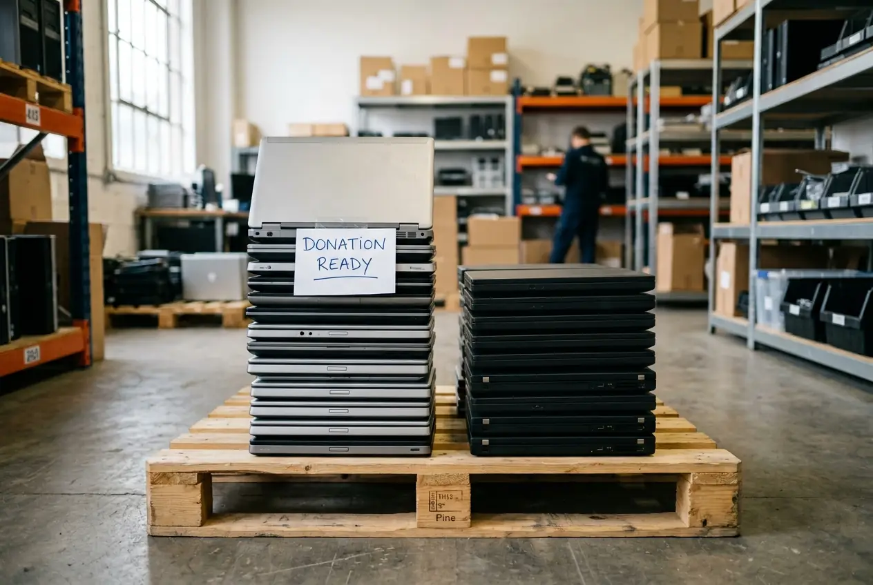 Two stacks of laptops on a pallet, ready to be donated