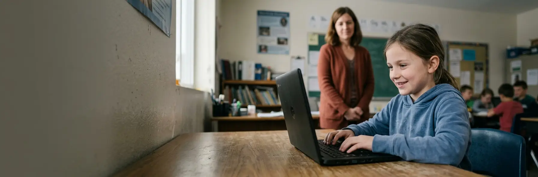 A student smiling while using a donated laptop in her classroom