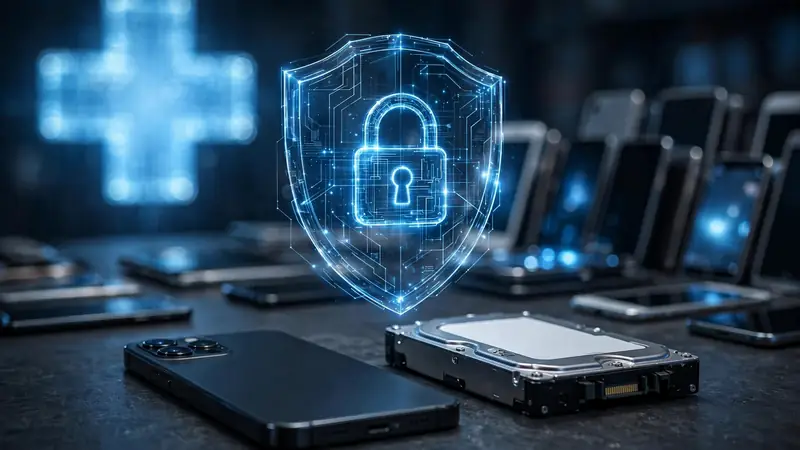 Glowing shield and padlock over a smartphone and hard drive with a medical cross, symbolizing HIPAA data security