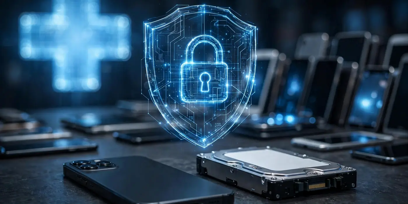 Glowing shield and padlock over a smartphone and hard drive with a medical cross, symbolizing HIPAA data security