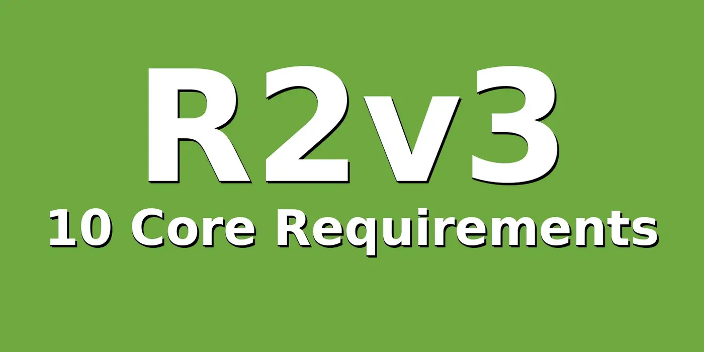 R2v3 10 Core Requirements title in white text on a solid green background